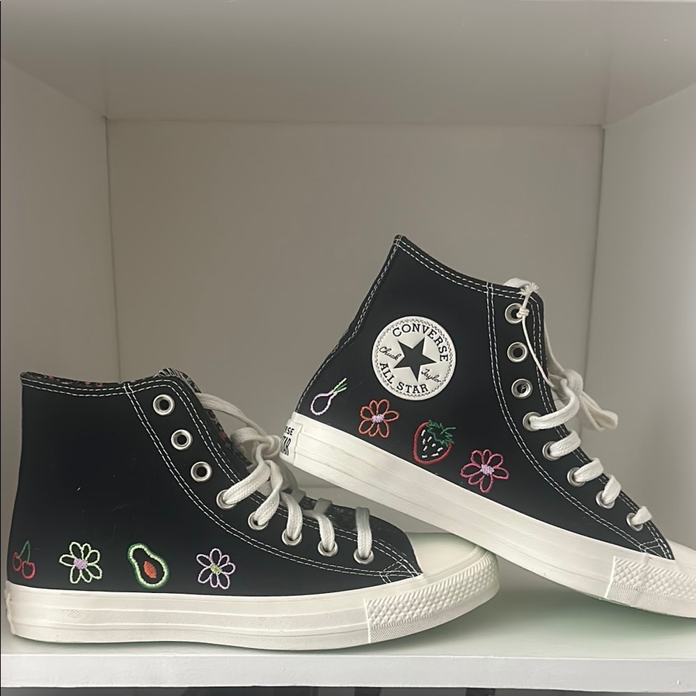 Converse Black High-Tops with Colorful Embroidery